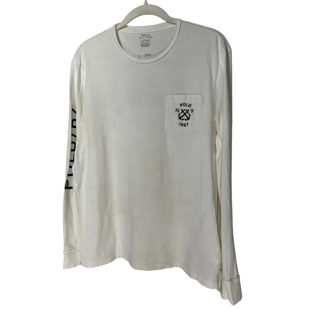 Polo Ralph Lauren Mens White Nautical Anchor Pocket Long Sleeve T-Shirt‎ Large